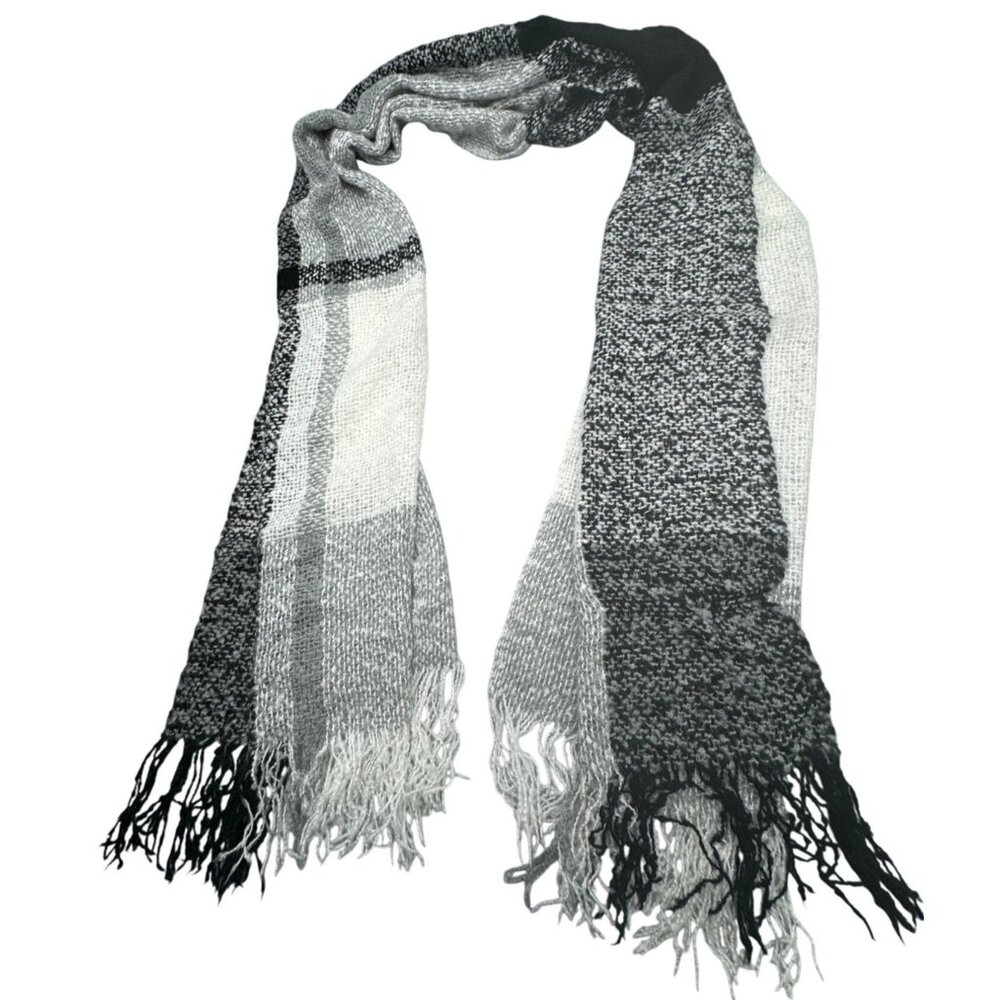 Womens Charlie Acrylic Knit Black White Textured Scarf Fringed Ends 76x20" READ